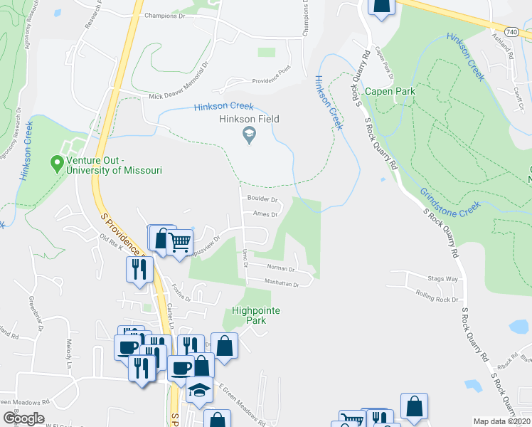 map of restaurants, bars, coffee shops, grocery stores, and more near 803 Ames Drive in Columbia