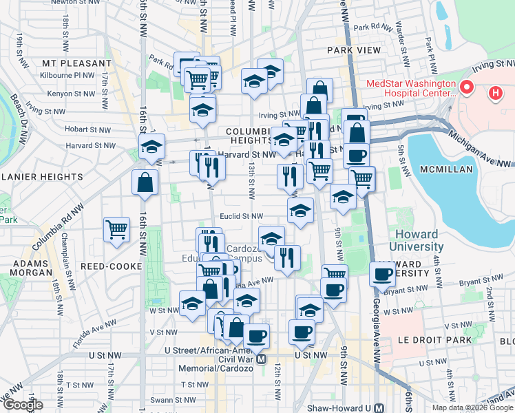 map of restaurants, bars, coffee shops, grocery stores, and more near 101 Independence Avenue Southeast in Washington