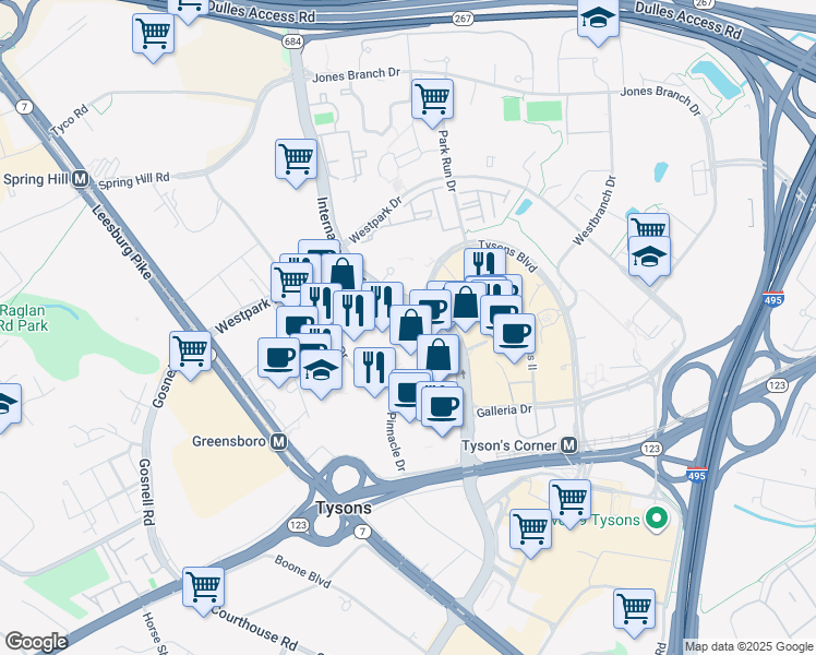 map of restaurants, bars, coffee shops, grocery stores, and more near 1676 International Drive in McLean