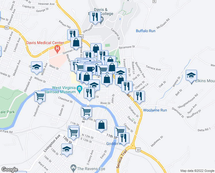 map of restaurants, bars, coffee shops, grocery stores, and more near Henry Avenue in Elkins
