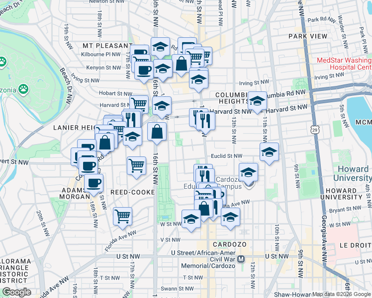 map of restaurants, bars, coffee shops, grocery stores, and more near 101 Independence Avenue Southeast in Washington
