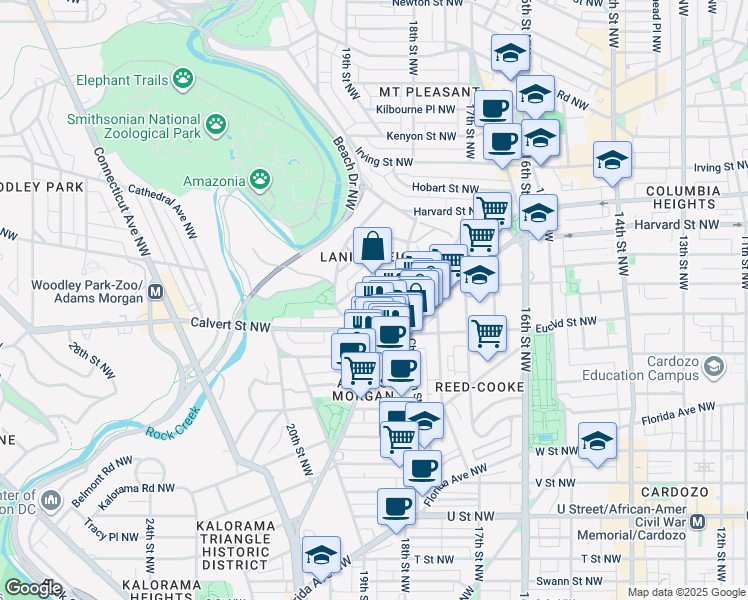 map of restaurants, bars, coffee shops, grocery stores, and more near 1785 Lanier Place Northwest in Washington