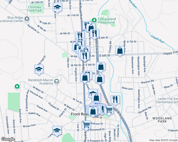 map of restaurants, bars, coffee shops, grocery stores, and more near 402 Warren Avenue in Front Royal