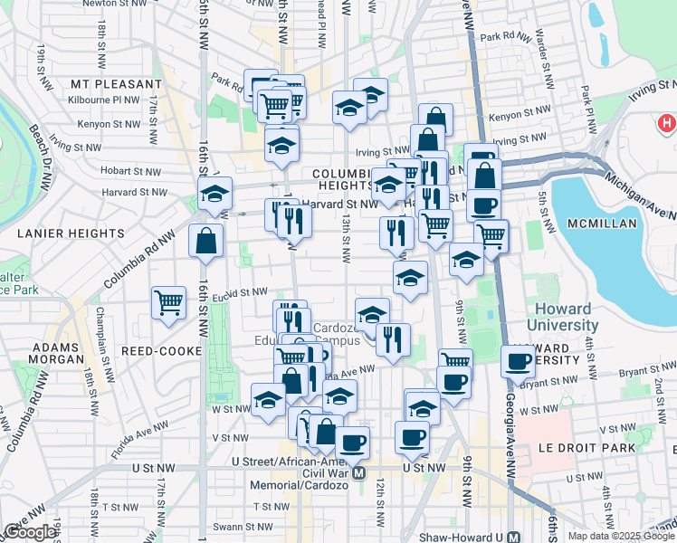 map of restaurants, bars, coffee shops, grocery stores, and more near 2620 13th Street Northwest in Washington