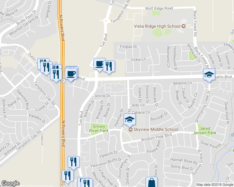 map of restaurants, bars, coffee shops, grocery stores, and more near 6205 Calico Patch Heights in Colorado Springs