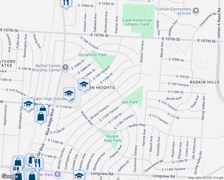 map of restaurants, bars, coffee shops, grocery stores, and more near 7604 East 111th Terrace in Kansas City