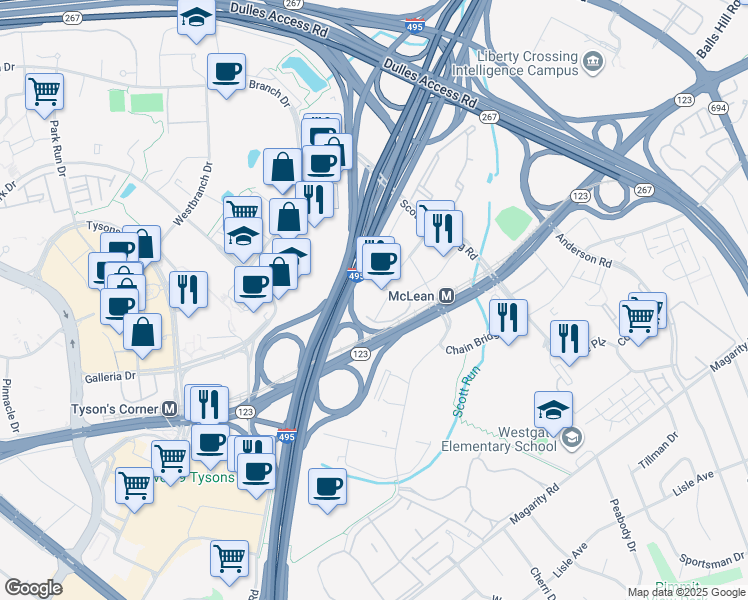 map of restaurants, bars, coffee shops, grocery stores, and more near 1680 Capital One Drive in McLean