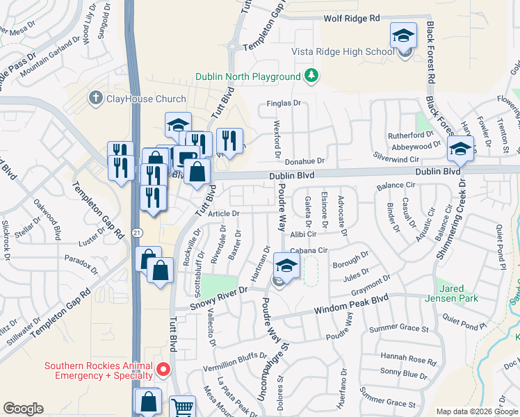 map of restaurants, bars, coffee shops, grocery stores, and more near 6215 Sierra Grande Point in Colorado Springs