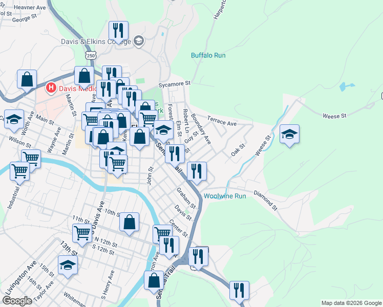 map of restaurants, bars, coffee shops, grocery stores, and more near Fayette St in Elkins
