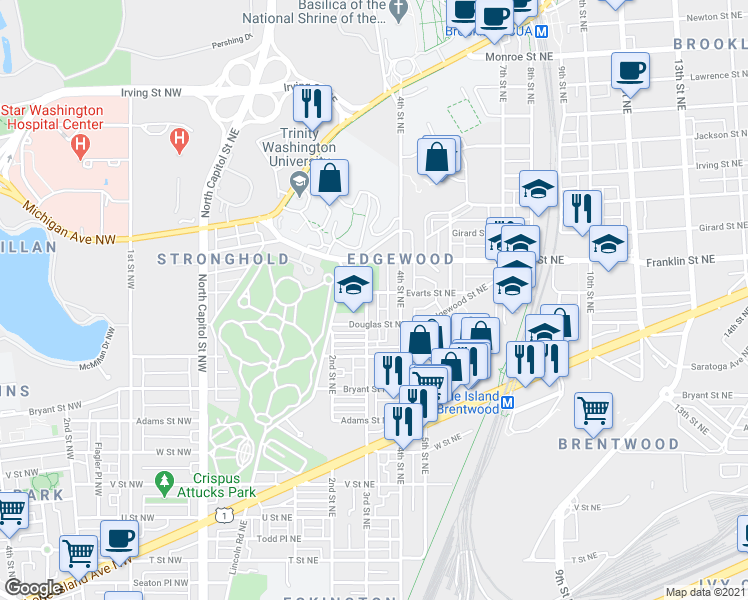 map of restaurants, bars, coffee shops, grocery stores, and more near 101 Independence Avenue Southeast in Washington