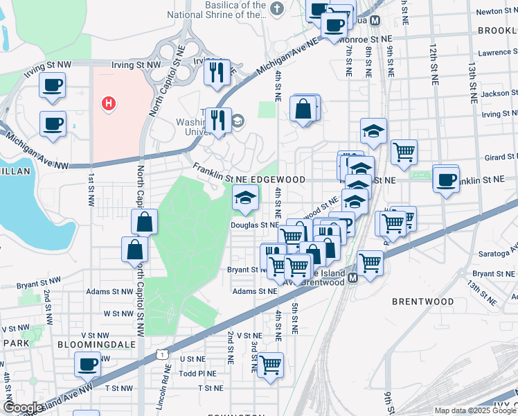 map of restaurants, bars, coffee shops, grocery stores, and more near 2625 3rd Street Northeast in Washington