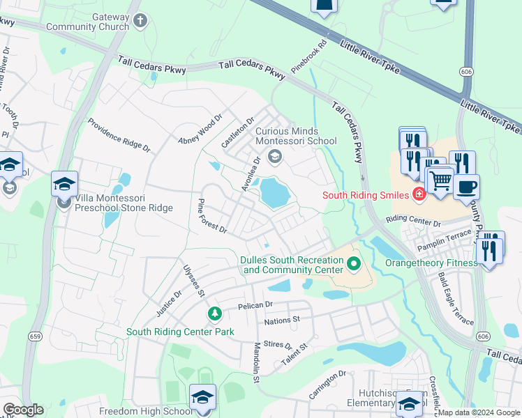 map of restaurants, bars, coffee shops, grocery stores, and more near 42532 Pine Forest Drive in Chantilly