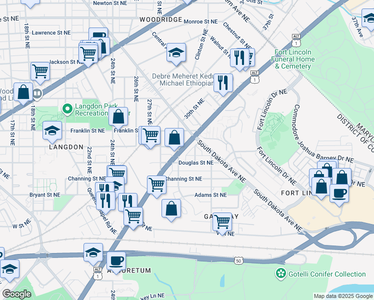 map of restaurants, bars, coffee shops, grocery stores, and more near 2621 Bladensburg Road Northeast in Washington