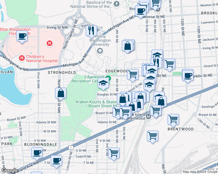 map of restaurants, bars, coffee shops, grocery stores, and more near 2625 3rd Street Northeast in Washington