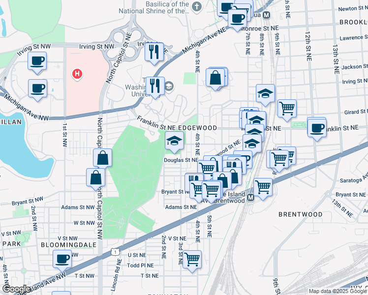 map of restaurants, bars, coffee shops, grocery stores, and more near 2625 3rd Street Northeast in Washington