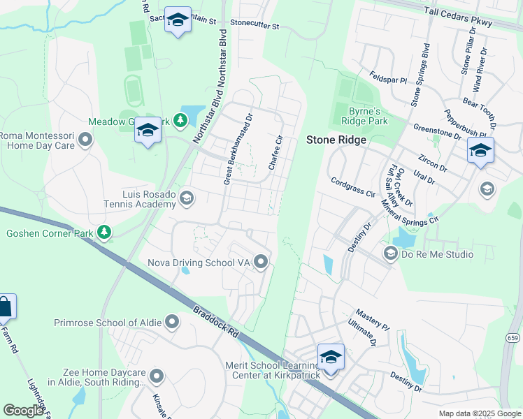 map of restaurants, bars, coffee shops, grocery stores, and more near 25068 McCulley Terrace in Aldie