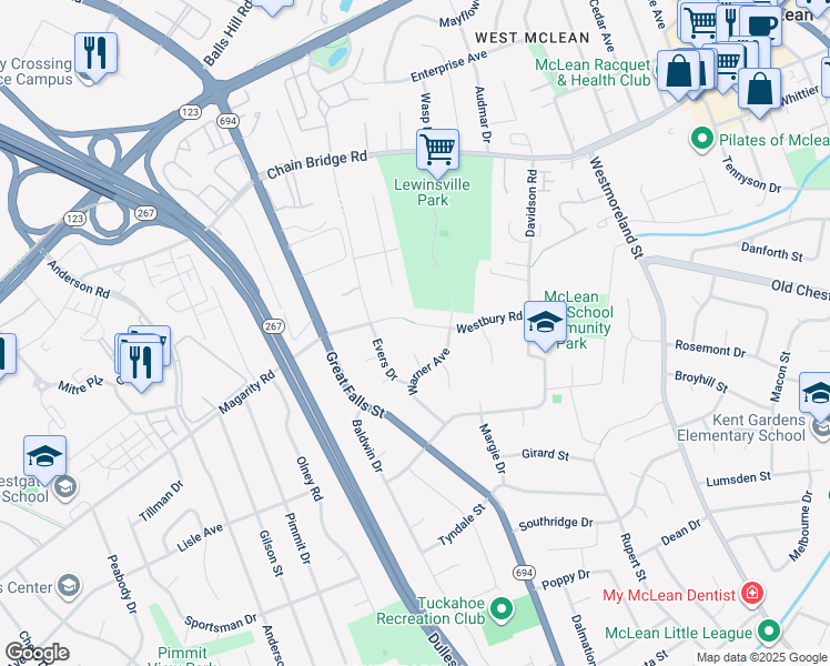 map of restaurants, bars, coffee shops, grocery stores, and more near 7107 Westbury Road in McLean