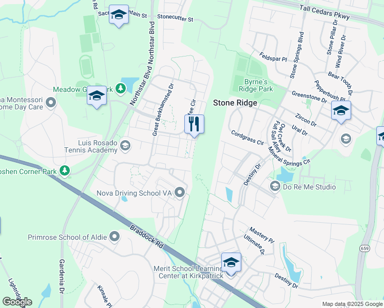 map of restaurants, bars, coffee shops, grocery stores, and more near 41745 McMonagle Square in Aldie