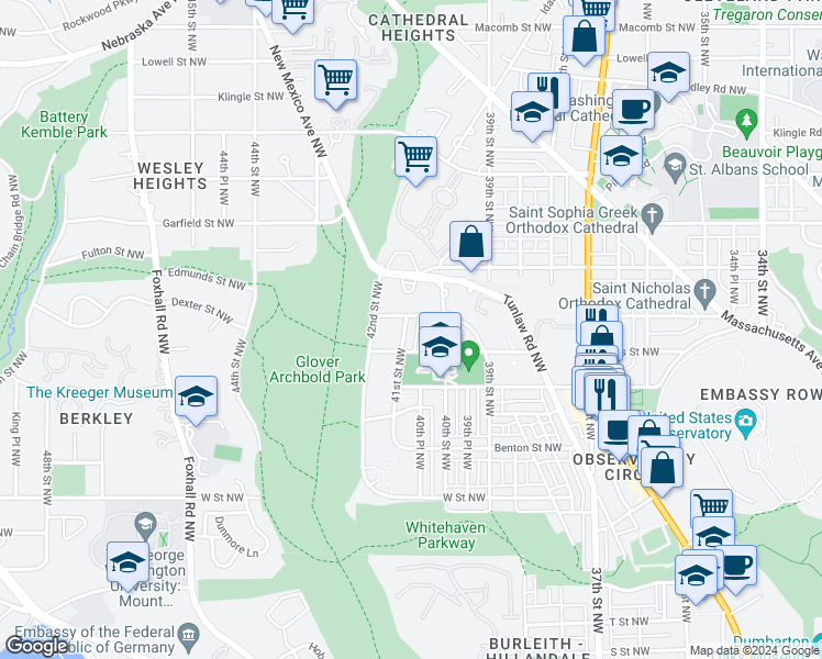 map of restaurants, bars, coffee shops, grocery stores, and more near 2647 41st Street Northwest in Washington