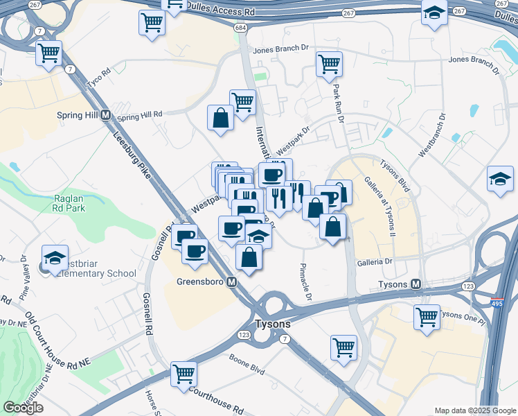map of restaurants, bars, coffee shops, grocery stores, and more near 8255 Greensboro Drive in Tysons Corner