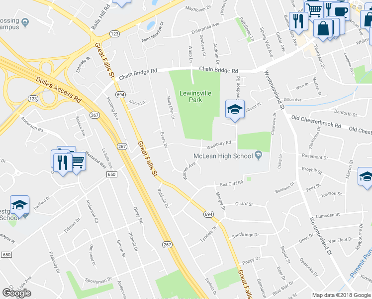 map of restaurants, bars, coffee shops, grocery stores, and more near 7107 Westbury Road in McLean