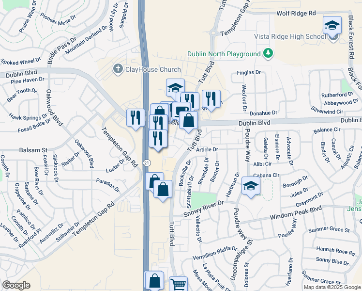map of restaurants, bars, coffee shops, grocery stores, and more near 5985 Dublin Boulevard in Colorado Springs