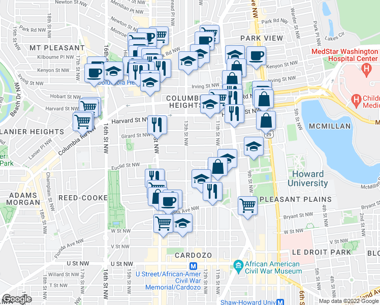 map of restaurants, bars, coffee shops, grocery stores, and more near 101 Independence Avenue Southeast in Washington