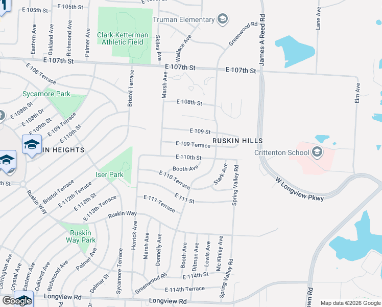 map of restaurants, bars, coffee shops, grocery stores, and more near 8606 East 109 Terrace in Kansas City