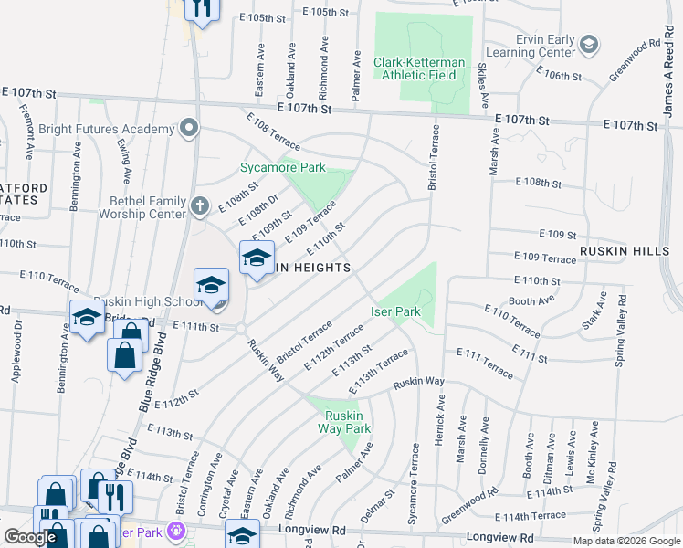 map of restaurants, bars, coffee shops, grocery stores, and more near 7604 East 111th Terrace in Kansas City