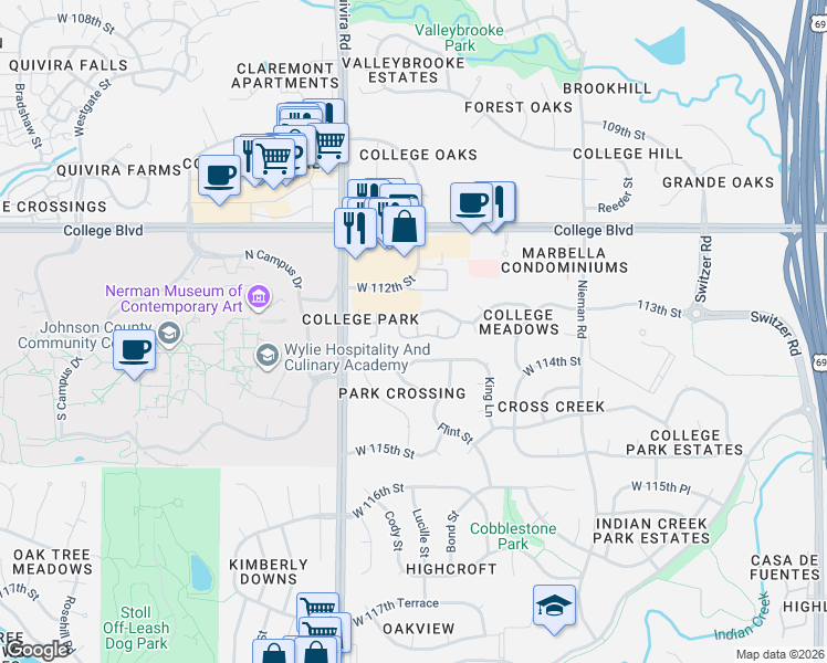map of restaurants, bars, coffee shops, grocery stores, and more near 11791 West 112th Street in Overland Park