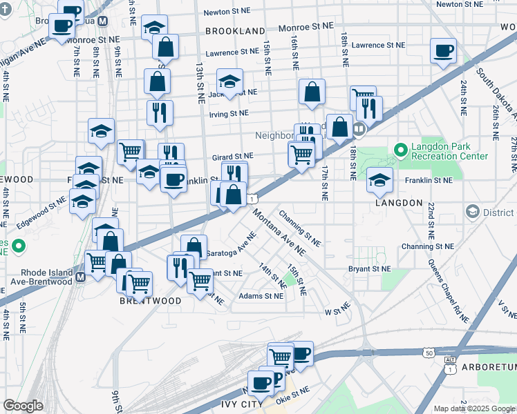 map of restaurants, bars, coffee shops, grocery stores, and more near 1400 Montana Avenue Northeast in Washington