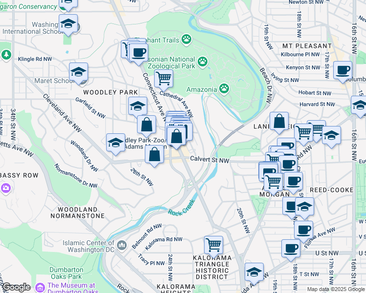 map of restaurants, bars, coffee shops, grocery stores, and more near 2625 Connecticut Avenue Northwest in Washington