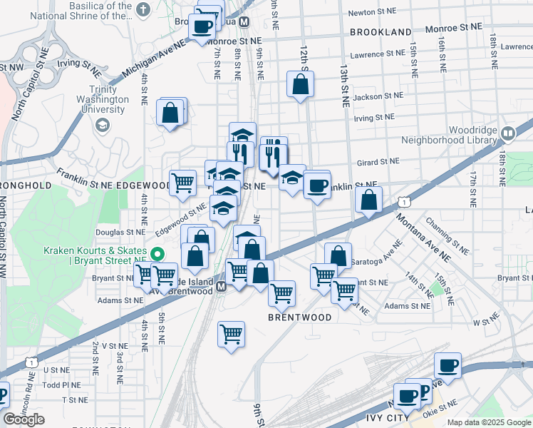 map of restaurants, bars, coffee shops, grocery stores, and more near 911 Evarts Street Northeast in Washington