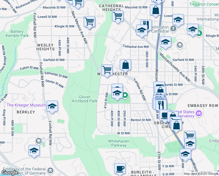 map of restaurants, bars, coffee shops, grocery stores, and more near 2647 41st Street Northwest in Washington