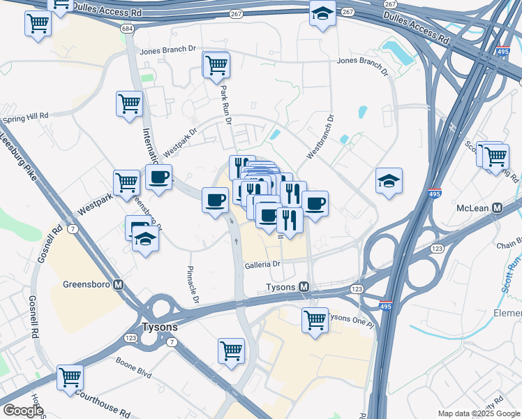 map of restaurants, bars, coffee shops, grocery stores, and more near 2001 International Drive in McLean