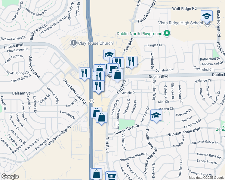 map of restaurants, bars, coffee shops, grocery stores, and more near 6380 Dublin Sunrise View in Colorado Springs