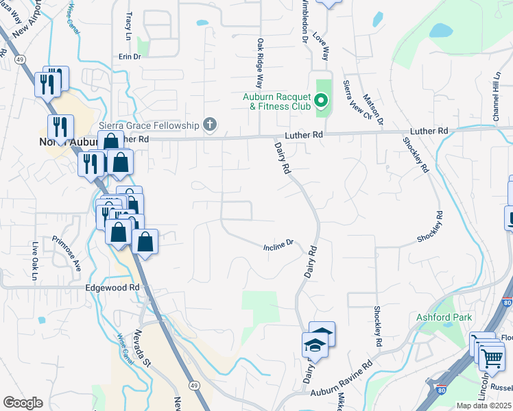 map of restaurants, bars, coffee shops, grocery stores, and more near 12431 Homestead Way in Auburn