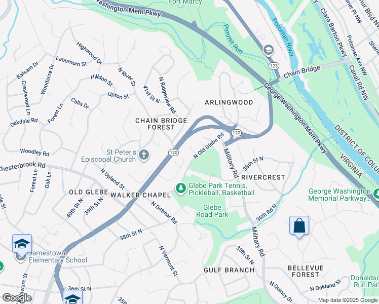 map of restaurants, bars, coffee shops, grocery stores, and more near 3806 North Ridgeview Road in Arlington