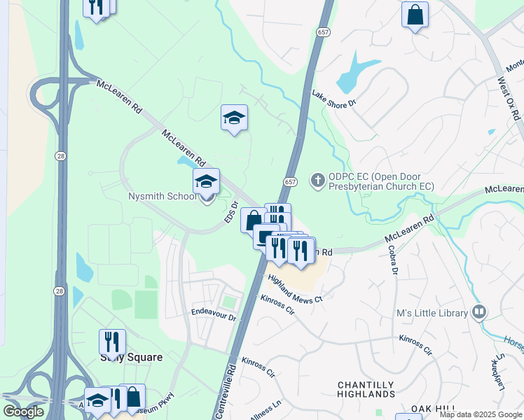 map of restaurants, bars, coffee shops, grocery stores, and more near McLearen Road in Fairfax County
