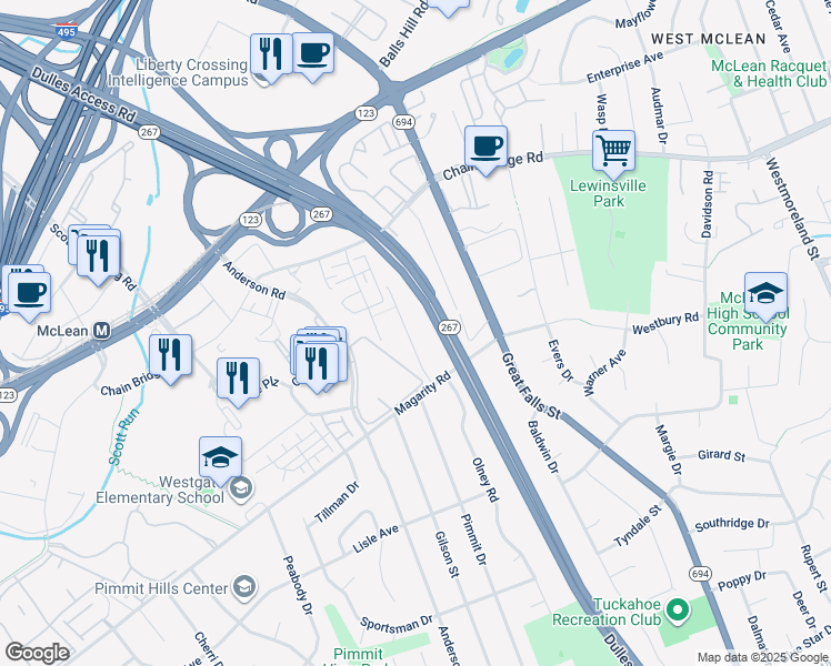 map of restaurants, bars, coffee shops, grocery stores, and more near 1641 La Salle Avenue in McLean