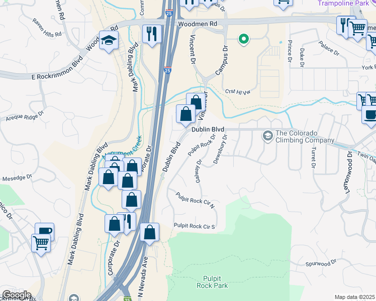 map of restaurants, bars, coffee shops, grocery stores, and more near 6426 Pulpit Rock Drive in Colorado Springs
