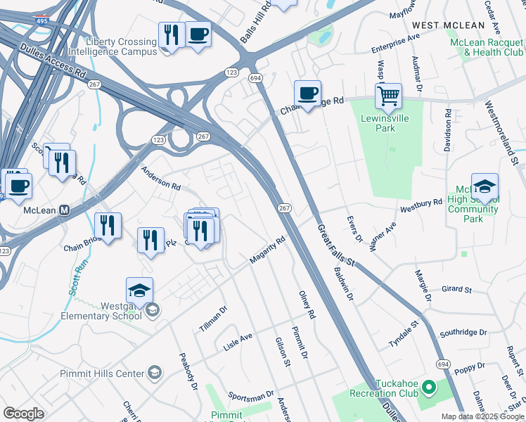 map of restaurants, bars, coffee shops, grocery stores, and more near 1641 La Salle Avenue in McLean
