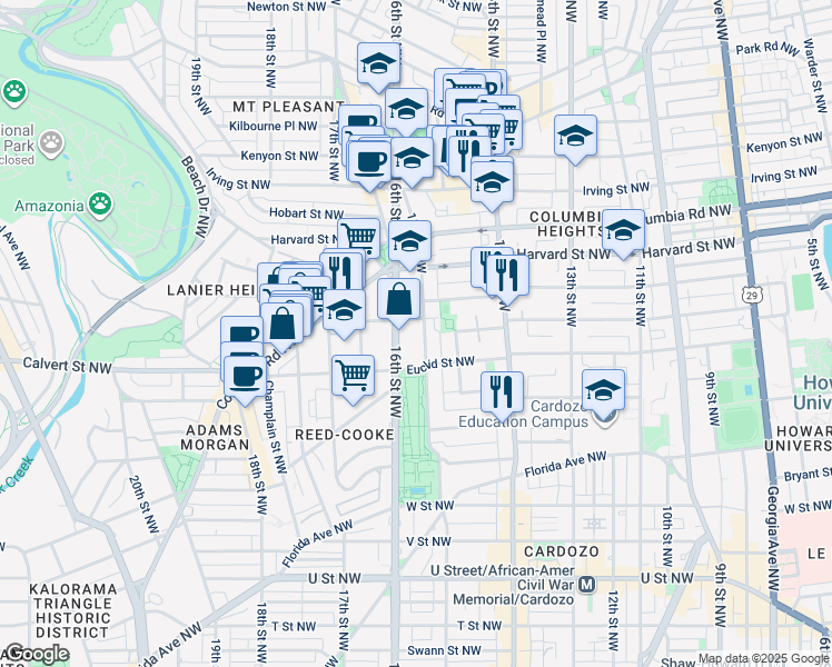 map of restaurants, bars, coffee shops, grocery stores, and more near 2637 16th Street Northwest in Washington