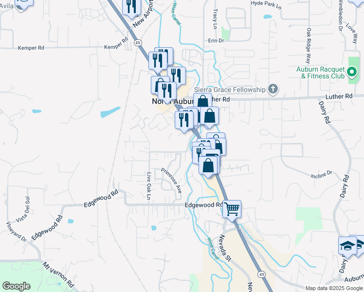 map of restaurants, bars, coffee shops, grocery stores, and more near 1519 Grass Valley Highway in Auburn