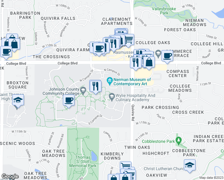 map of restaurants, bars, coffee shops, grocery stores, and more near 12345 W 111th St in Overland Park