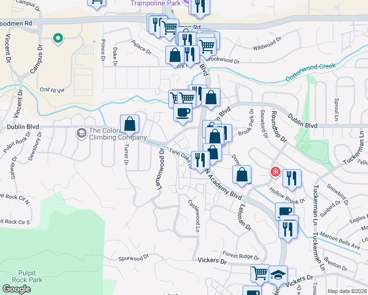map of restaurants, bars, coffee shops, grocery stores, and more near 6405 Dublin Boulevard in Colorado Springs