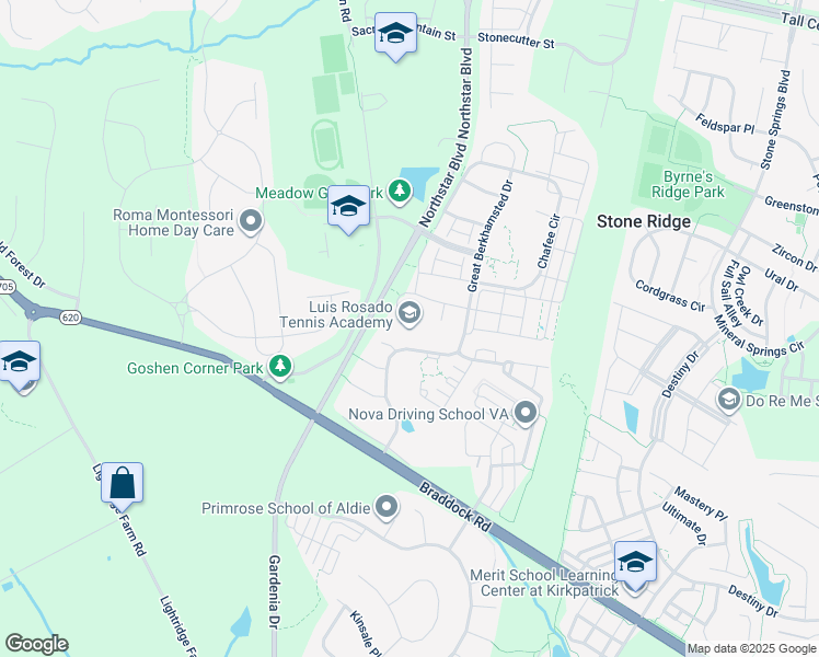 map of restaurants, bars, coffee shops, grocery stores, and more near 41551 Bassett Place in Aldie