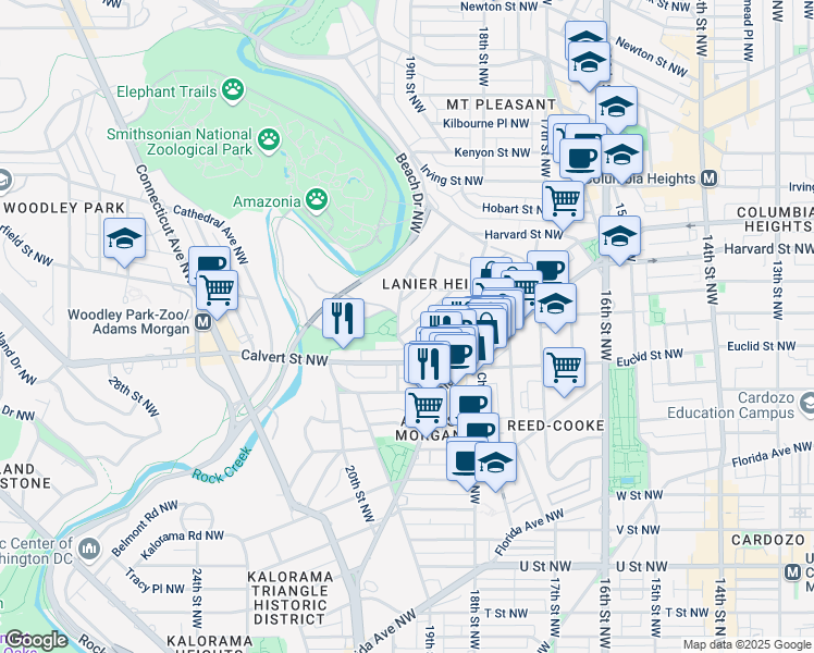 map of restaurants, bars, coffee shops, grocery stores, and more near 2707 Adams Mill Road Northwest in Washington