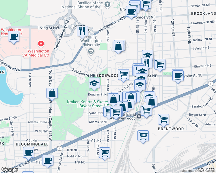 map of restaurants, bars, coffee shops, grocery stores, and more near 401 Evarts Street Northeast in Washington