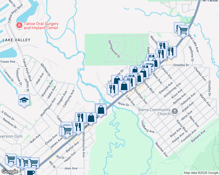 map of restaurants, bars, coffee shops, grocery stores, and more near 2456 Conestoga Street in South Lake Tahoe